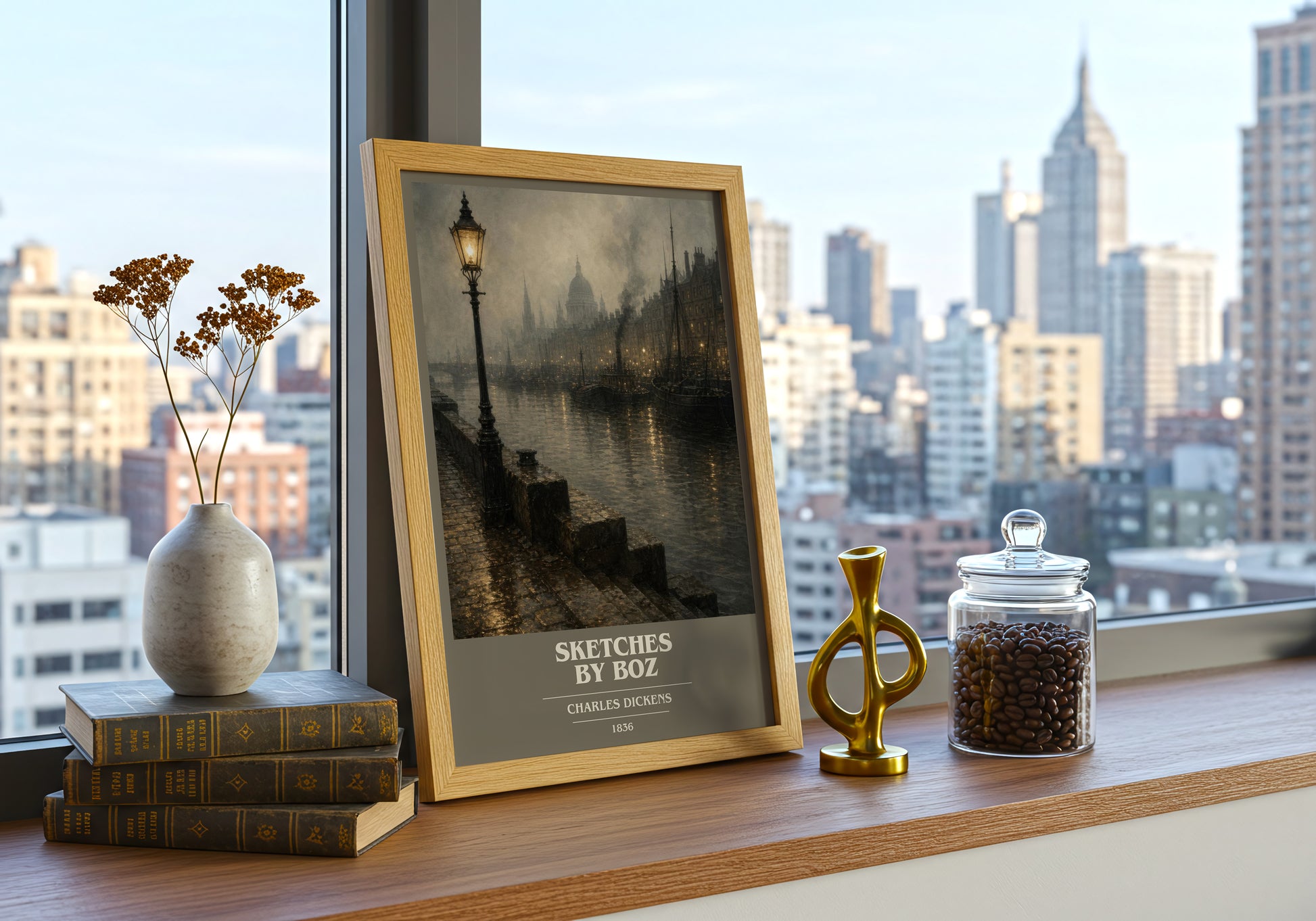 Sketches By Boz book cover print framed by window – literary home decor