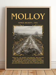 Molloy Minimalist Book Poster by Samuel Beckett – framed print leaning on a wooden floor