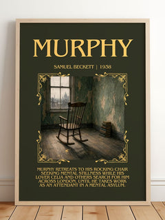 Murphy Minimalist Book Poster by Samuel Beckett – framed print leaning on a wooden floor