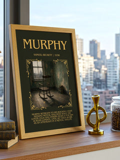 Murphy Minimalist Book Poster by Samuel Beckett – framed print on a city-view windowsill