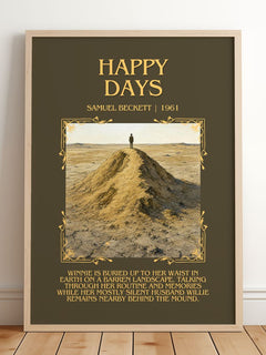 Happy days Minimalist Book Poster by Samuel Beckett – framed print leaning on a wooden floor