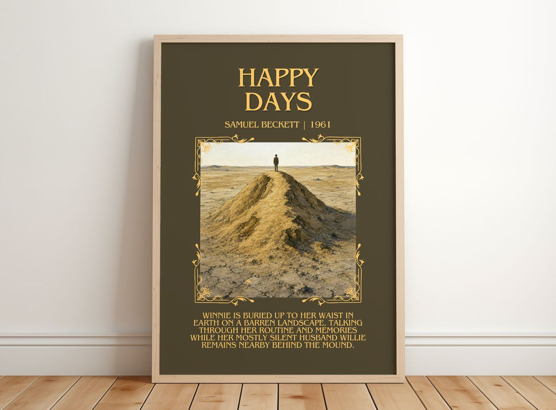 Happy days Minimalist Book Poster by Samuel Beckett – framed print leaning on a wooden floor