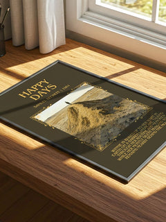 Happy days Minimalist Book Poster by Samuel Beckett – print on a sunlit desk