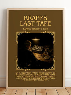 Krapp's last tape Minimalist Book Poster by Samuel Beckett – framed print leaning on a wooden floor