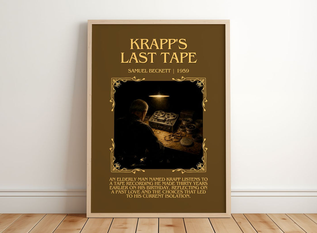 Krapp's last tape Minimalist Book Poster by Samuel Beckett – framed print leaning on a wooden floor
