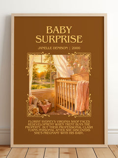 Baby Surprise Minimalist Book Poster by Janelle Denison – framed print leaning on a wooden floor