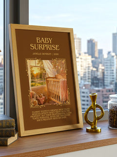 Baby Surprise Minimalist Book Poster by Janelle Denison – framed print on a city-view windowsill