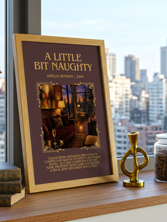 A Little Bit Naughty Minimalist Book Poster by Janelle Denison – framed print on a city-view windowsill