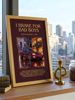 I brake for bad boys Minimalist Book Poster by Janelle Denison – framed print on a city-view windowsill