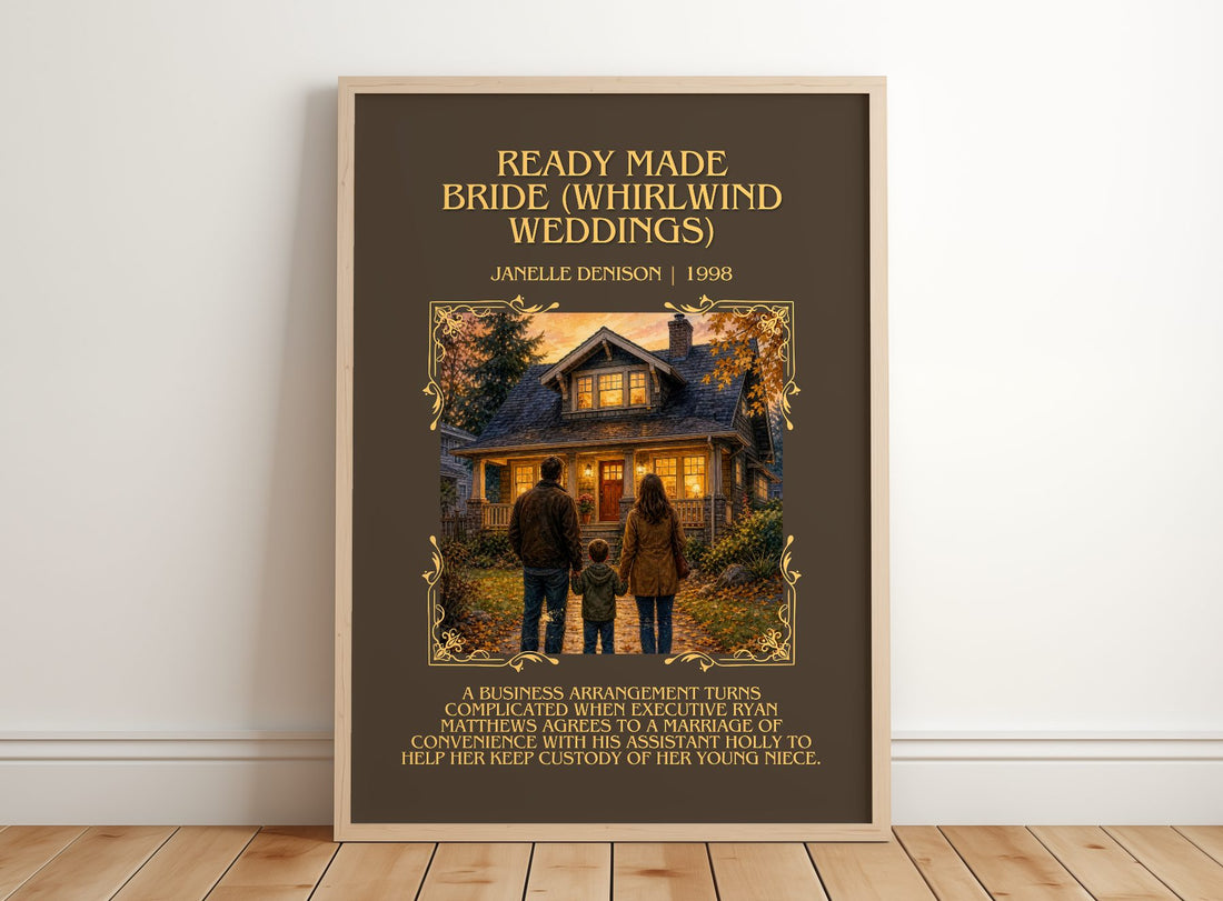 Ready Made Bride  (Whirlwind Weddings) Minimalist Book Poster by Janelle Denison – framed print leaning on a wooden floor