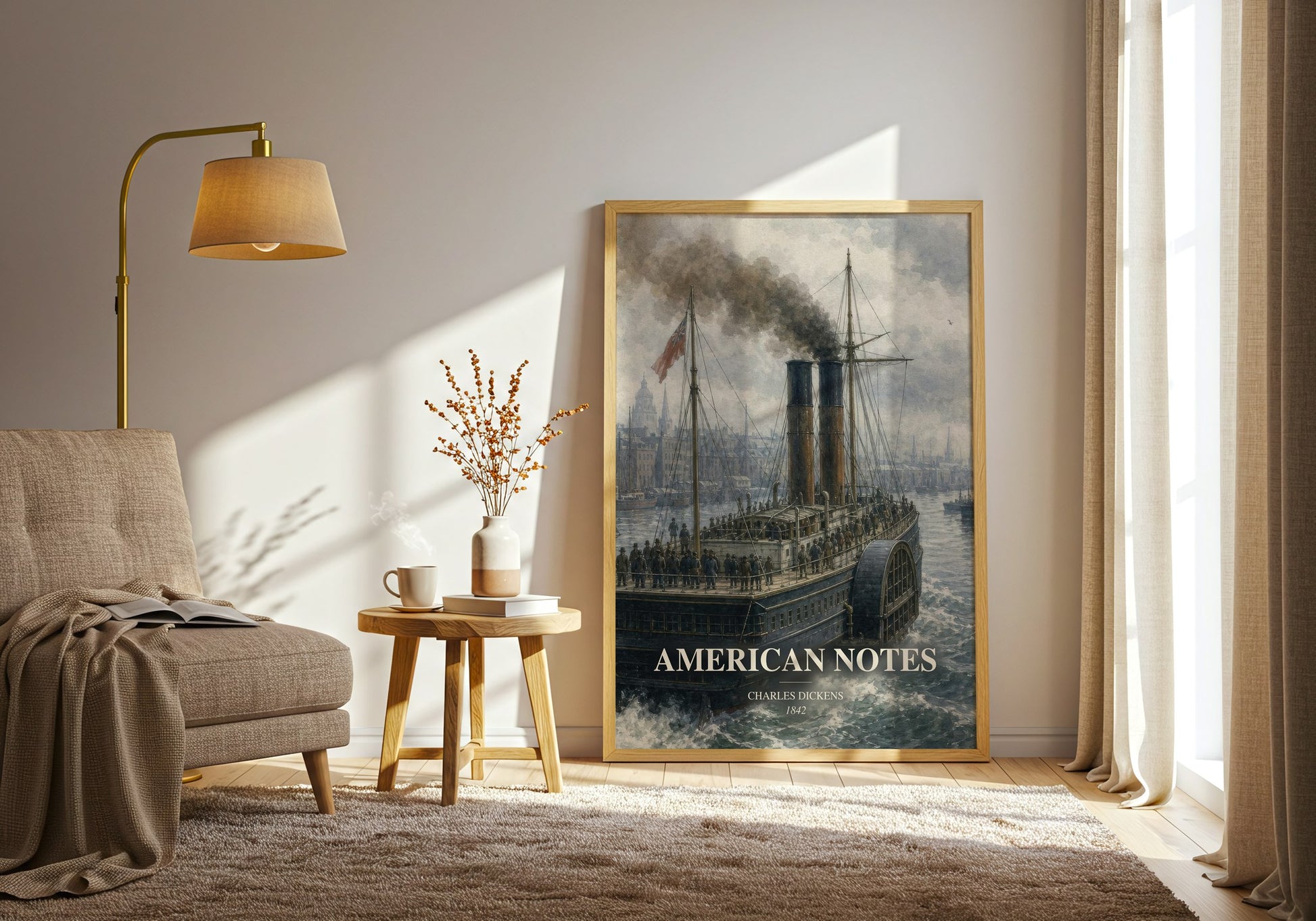 American Notes watercolour print in frame leaning in hallway – non fiction wall art