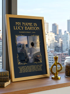 My Name is Lucy Barton Minimalist Book Poster by Elizabeth Strout – framed print on a city-view windowsill