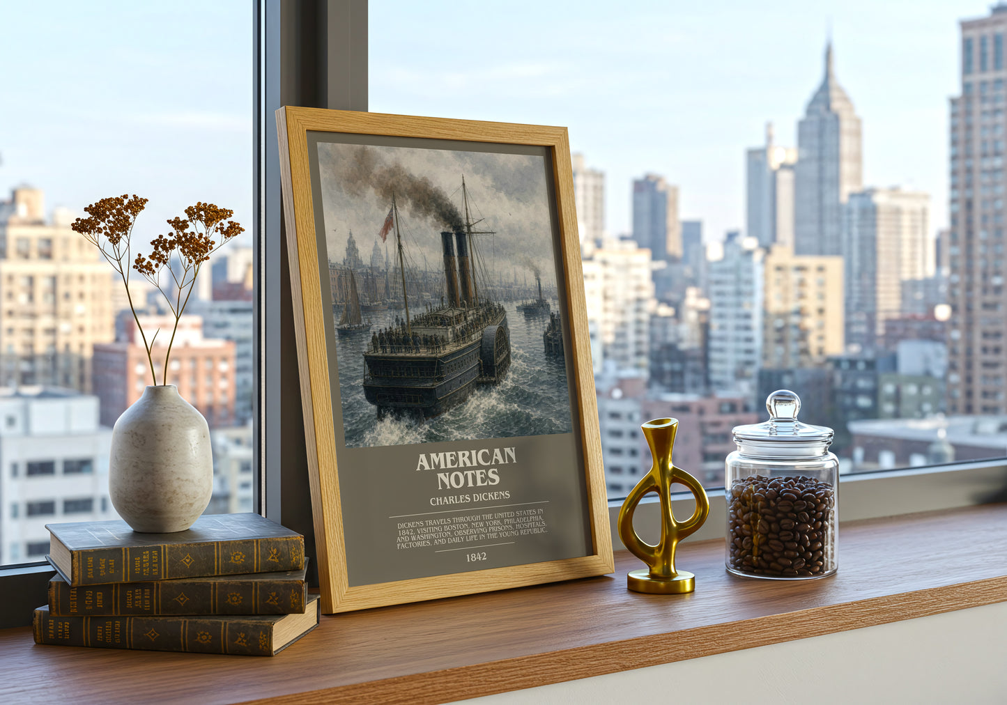 American Notes bookish print framed by window – literary home decor