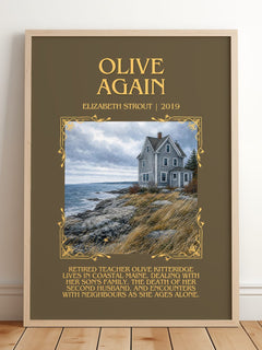 Olive Again Minimalist Book Poster by Elizabeth Strout – framed print leaning on a wooden floor