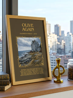 Olive Again Minimalist Book Poster by Elizabeth Strout – framed print on a city-view windowsill