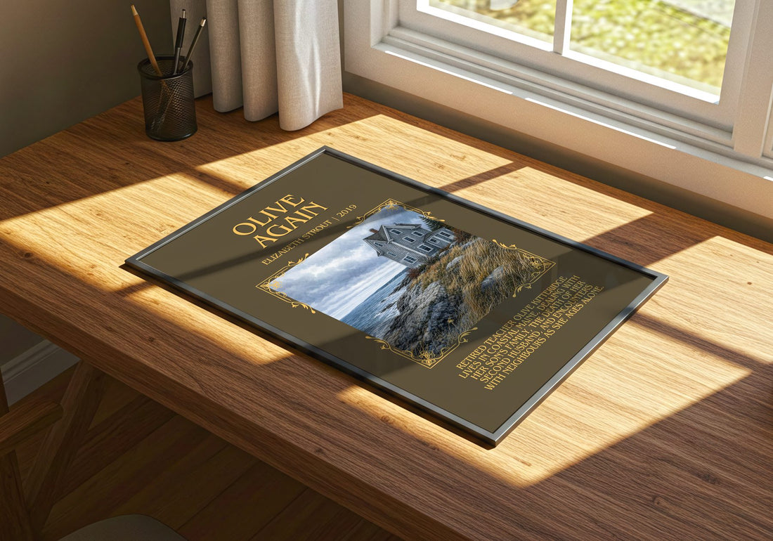 Olive Again Minimalist Book Poster by Elizabeth Strout – print on a sunlit desk