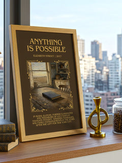 Anything is possible Minimalist Book Poster by Elizabeth Strout – framed print on a city-view windowsill