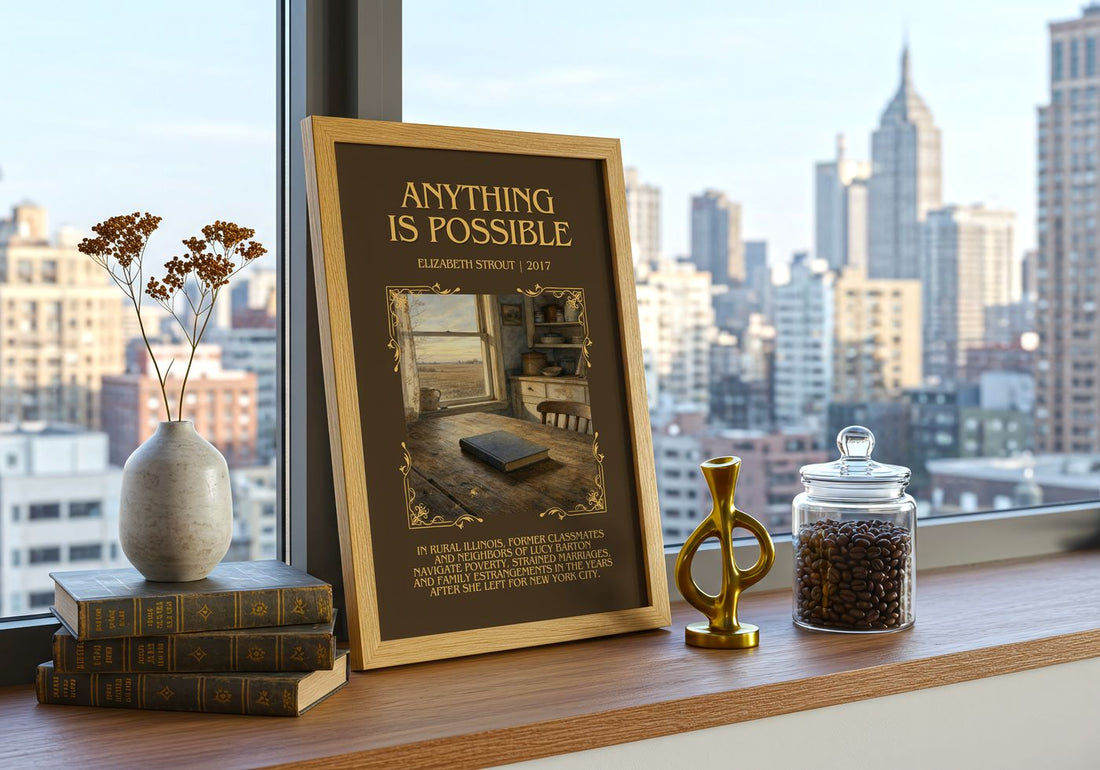 Anything is possible Minimalist Book Poster by Elizabeth Strout – framed print on a city-view windowsill