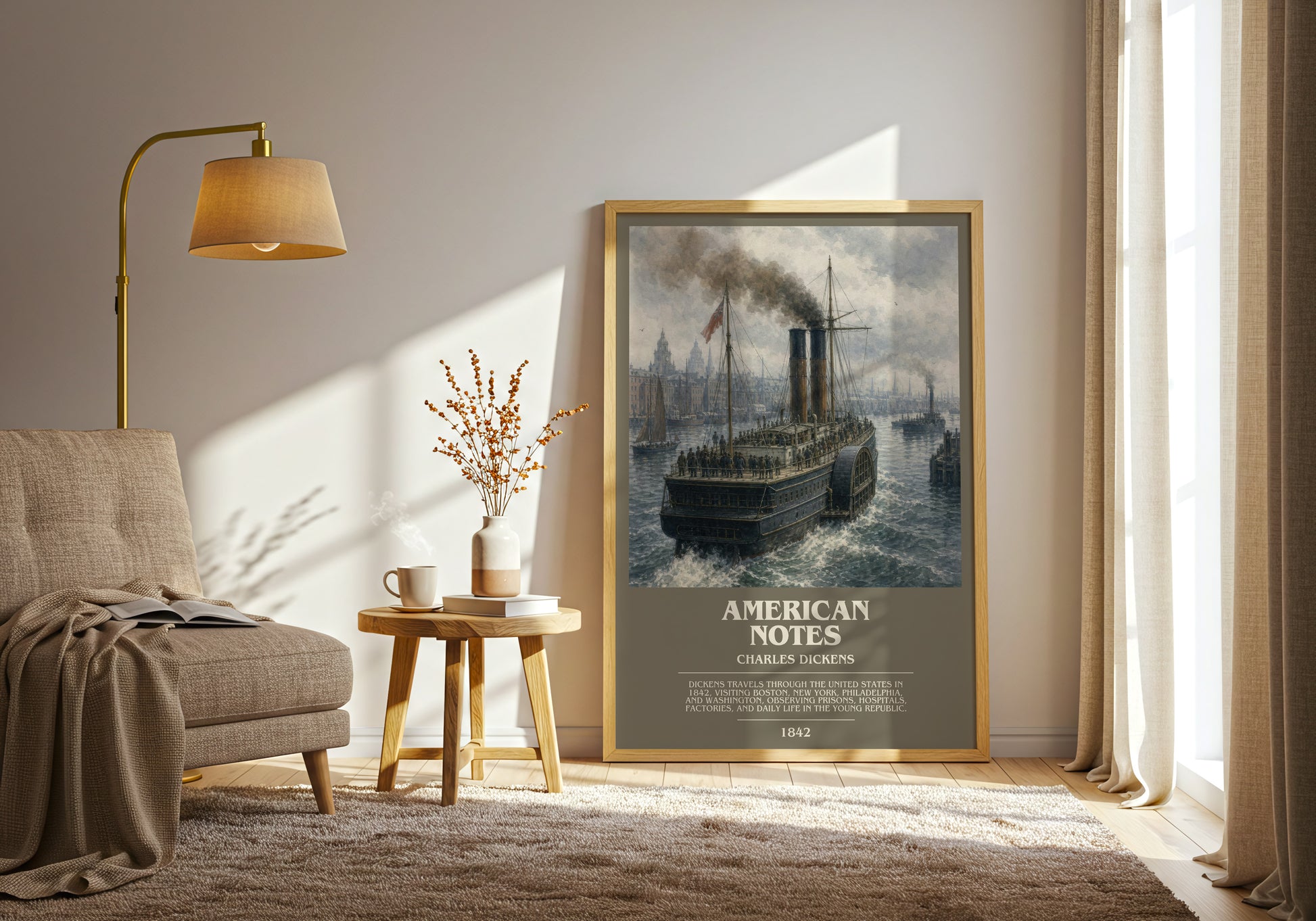 American Notes bookish print on bookshelf – Charles Dickens fan gift