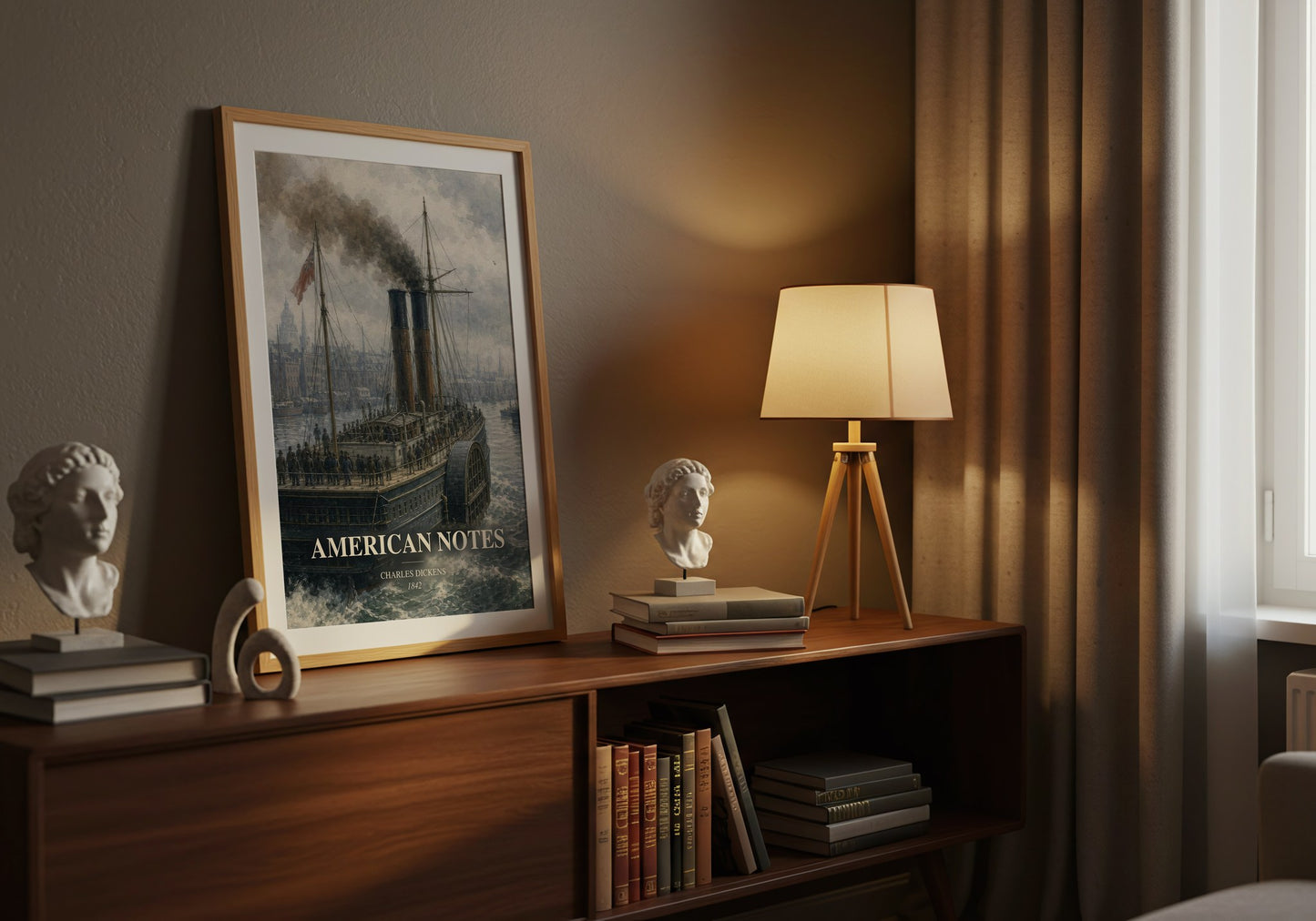 American Notes watercolour print on bookshelf – Charles Dickens fan gift