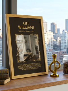 Oh William! Minimalist Book Poster by Elizabeth Strout – framed print on a city-view windowsill