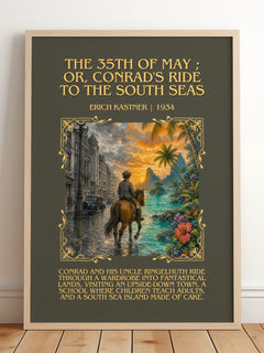 The 35th of May ; or, Conrad's ride to the South seas Minimalist Book Poster by Erich Kästner – framed print leaning on a wooden floor