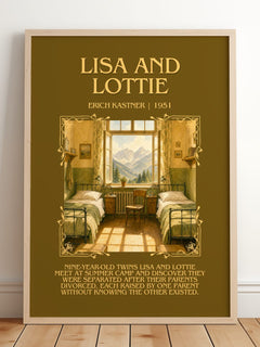 Lisa and Lottie Minimalist Book Poster by Erich Kästner – framed print leaning on a wooden floor