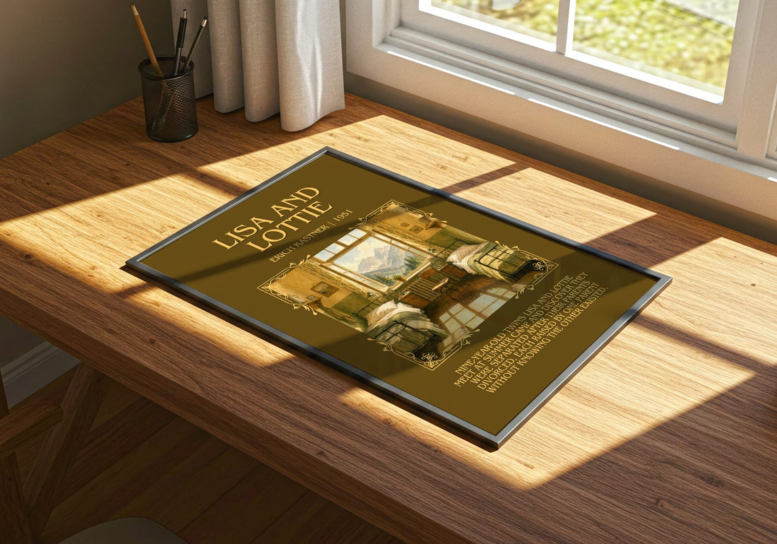 Lisa and Lottie Minimalist Book Poster by Erich Kästner – print on a sunlit desk