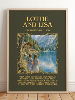 Lottie and Lisa Minimalist Book Poster by Erich Kästner – framed print leaning on a wooden floor