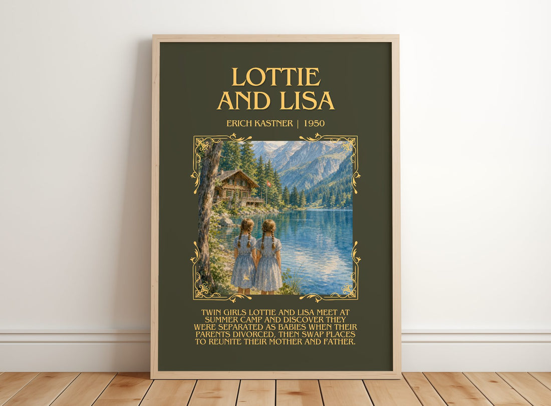 Lottie and Lisa Minimalist Book Poster by Erich Kästner – framed print leaning on a wooden floor