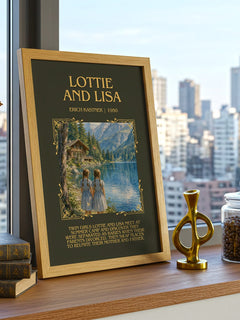 Lottie and Lisa Minimalist Book Poster by Erich Kästner – framed print on a city-view windowsill
