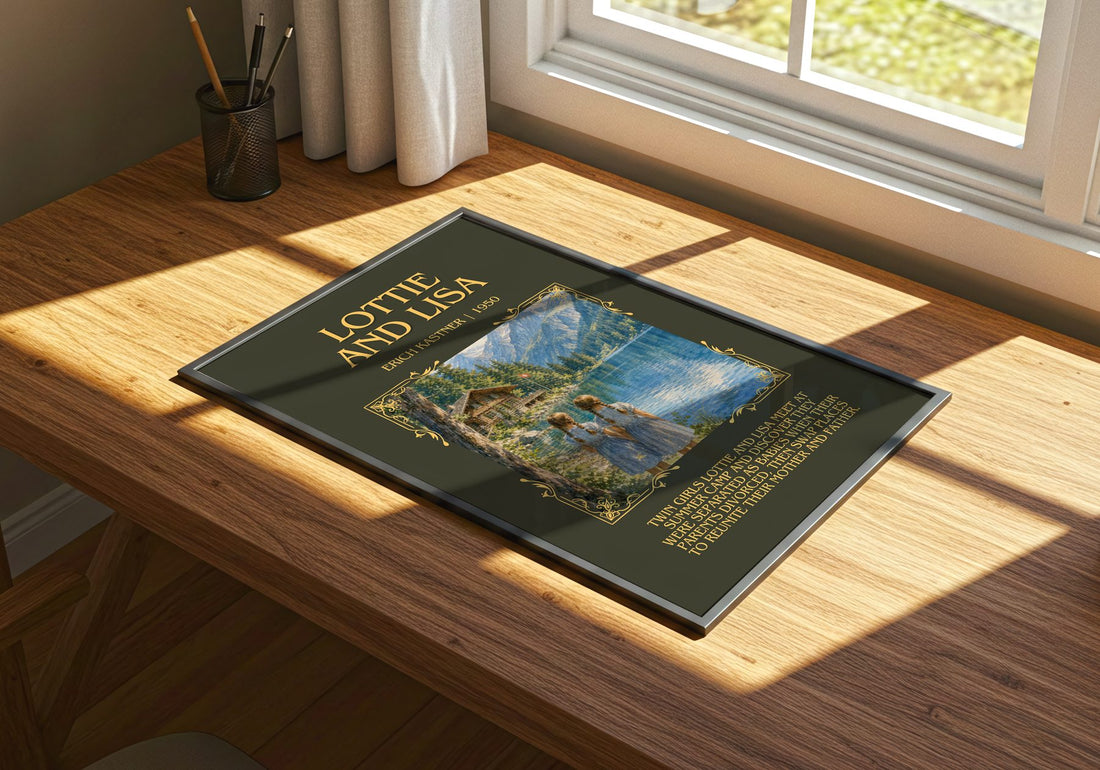Lottie and Lisa Minimalist Book Poster by Erich Kästner – print on a sunlit desk
