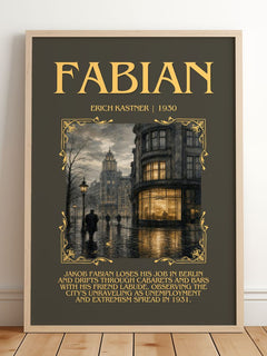 Fabian Minimalist Book Poster by Erich Kästner – framed print leaning on a wooden floor