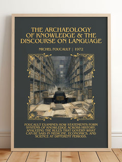 The archaeology of knowledge & The discourse on language Minimalist Book Poster by Michel Foucault – framed print leaning on a wooden floor