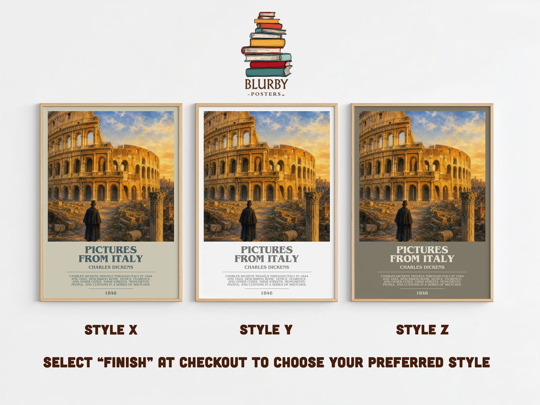 Pictures From Italy bookish print in frame leaning in hallway – non fiction wall art (mockup)