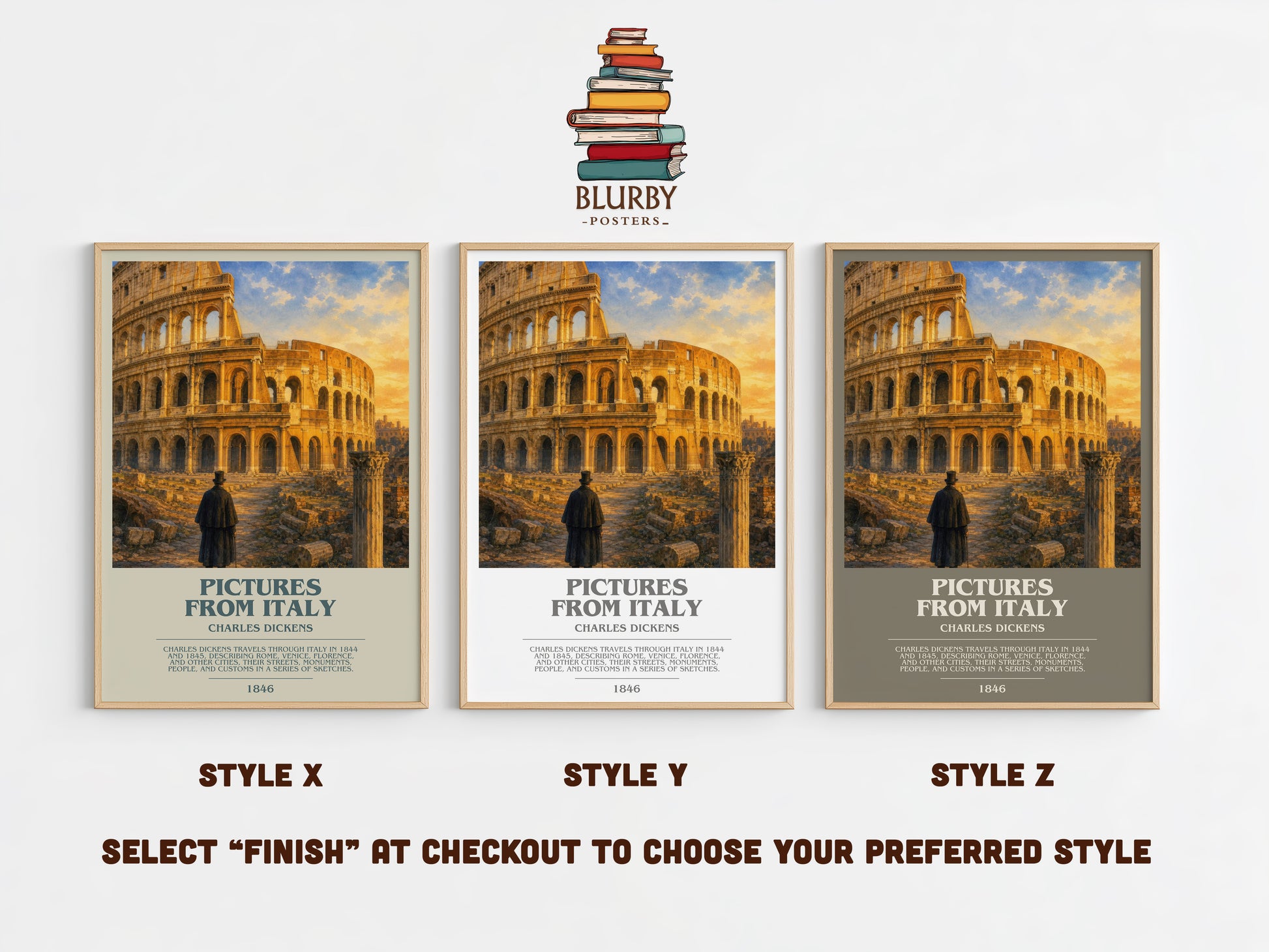Pictures From Italy bookish print in frame leaning in hallway – non fiction wall art
