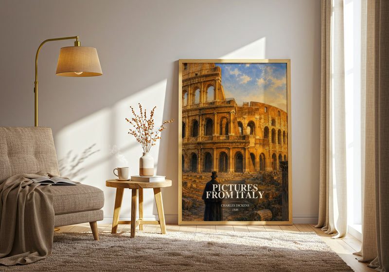 Pictures From Italy watercolour print in frame leaning in hallway – non fiction wall art