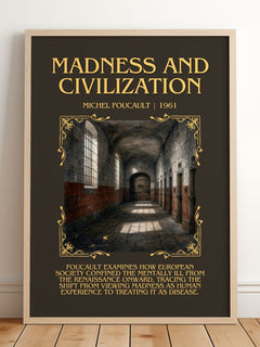 Madness and Civilization Minimalist Book Poster by Michel Foucault – framed print leaning on a wooden floor