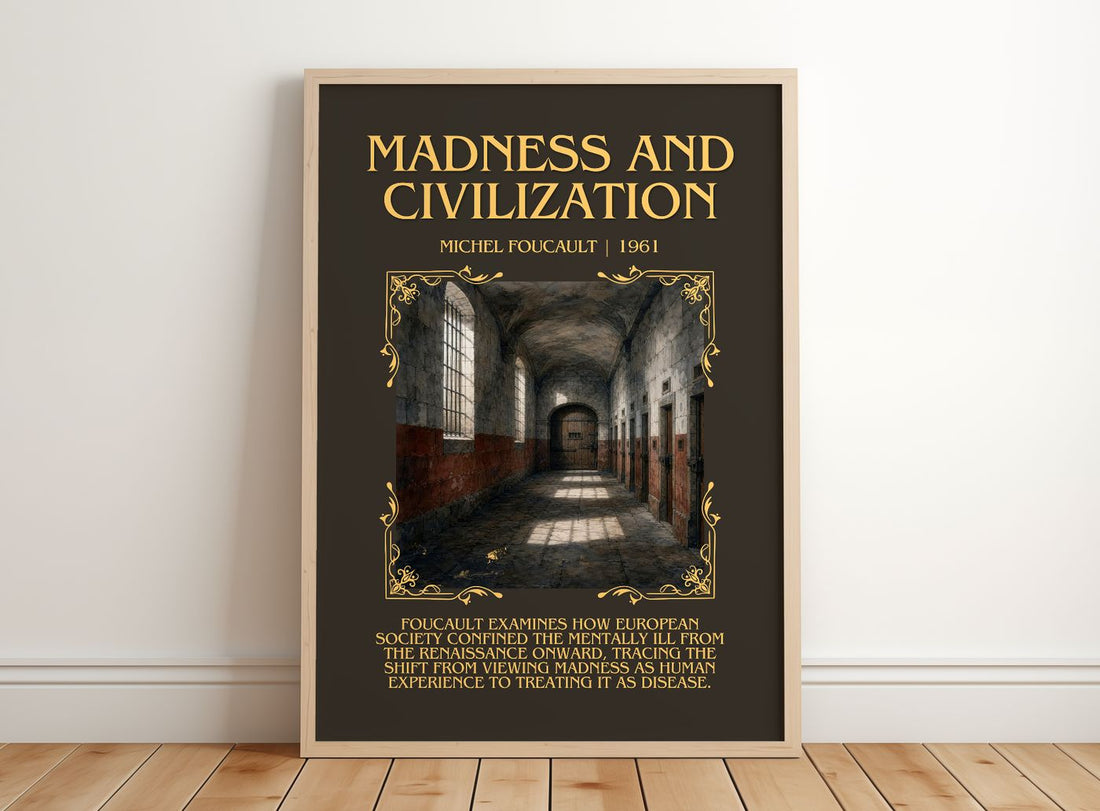 Madness and Civilization Minimalist Book Poster by Michel Foucault – framed print leaning on a wooden floor