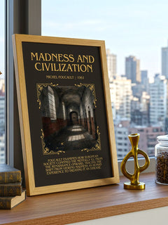 Madness and Civilization Minimalist Book Poster by Michel Foucault – framed print on a city-view windowsill