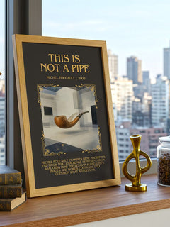 This Is Not a Pipe Minimalist Book Poster by Michel Foucault – framed print on a city-view windowsill