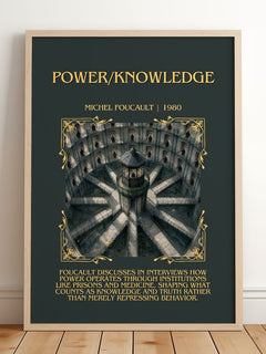 Power/knowledge Minimalist Book Poster by Michel Foucault – framed print leaning on a wooden floor