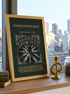 Power/knowledge Minimalist Book Poster by Michel Foucault – framed print on a city-view windowsill