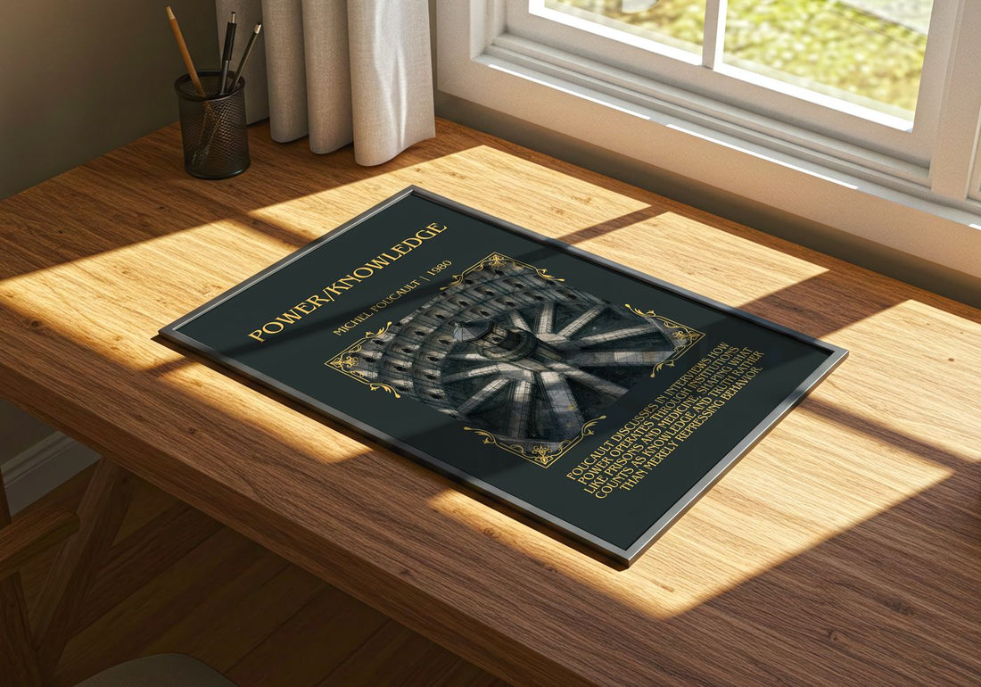 Power/knowledge Minimalist Book Poster by Michel Foucault – print on a sunlit desk