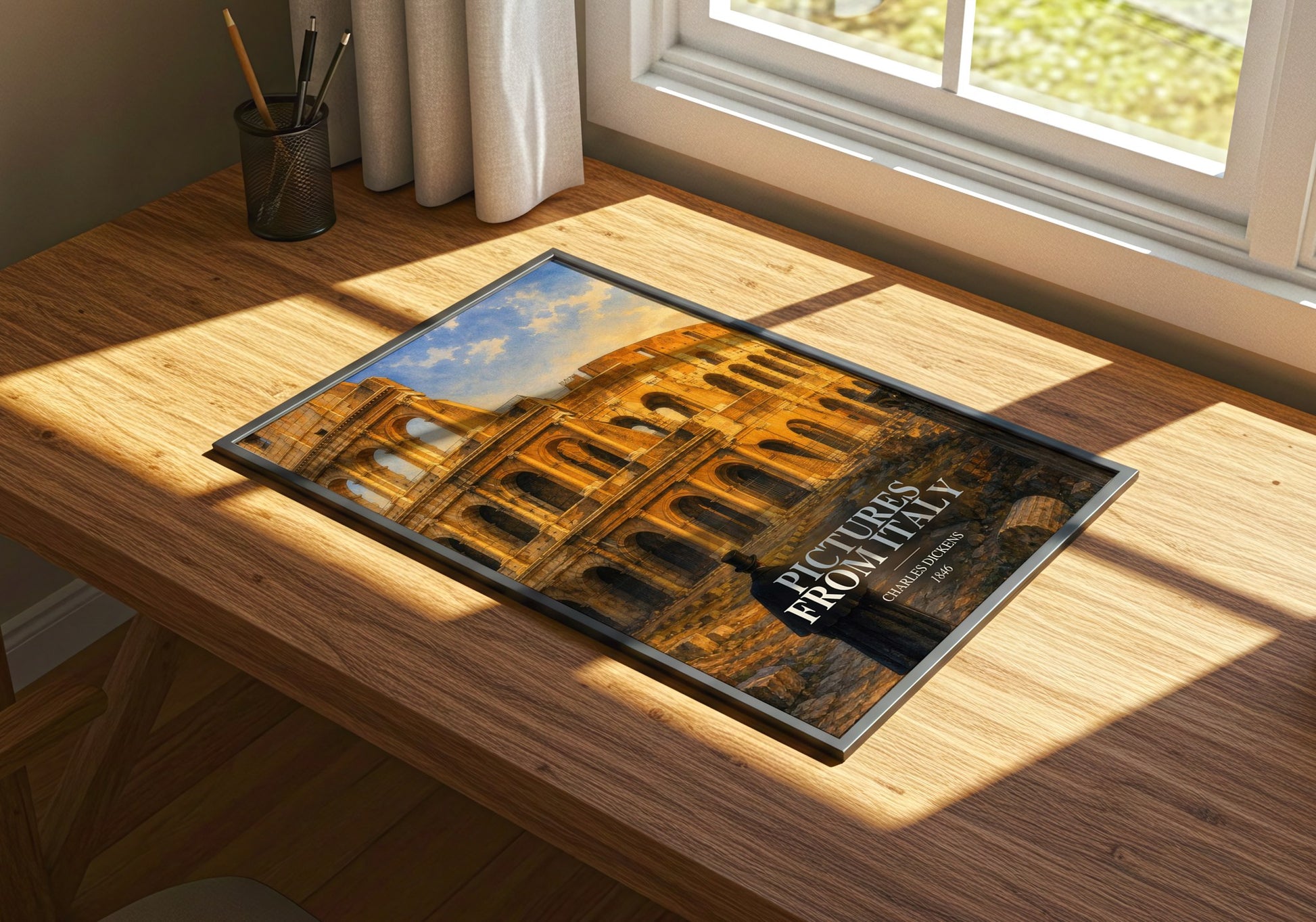 Pictures From Italy watercolour book poster framed on wall – non fiction wall art