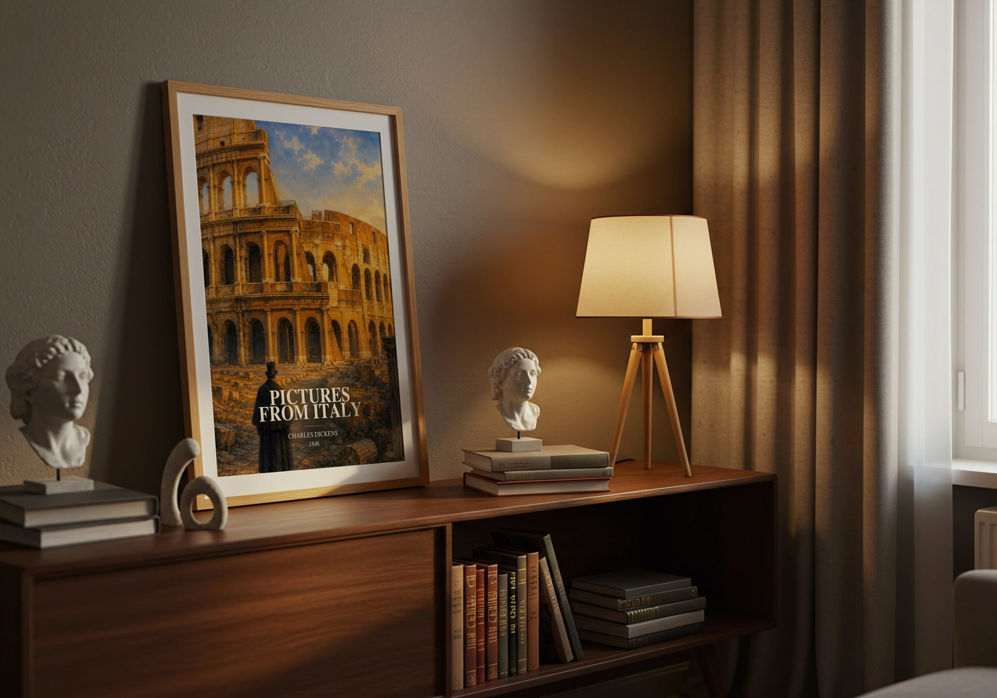 Pictures From Italy watercolour print on bookshelf – Charles Dickens fan gift