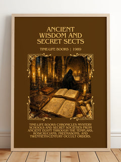 Ancient wisdom and secret sects Minimalist Book Poster by T. Books – framed print leaning on a wooden floor
