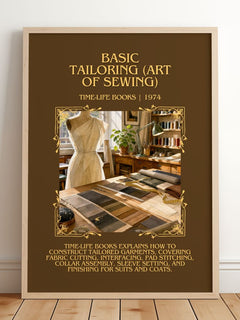 Basic Tailoring (Art of sewing) Minimalist Book Poster by T. Books – framed print leaning on a wooden floor