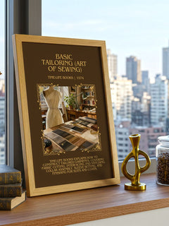 Basic Tailoring (Art of sewing) Minimalist Book Poster by T. Books – framed print on a city-view windowsill