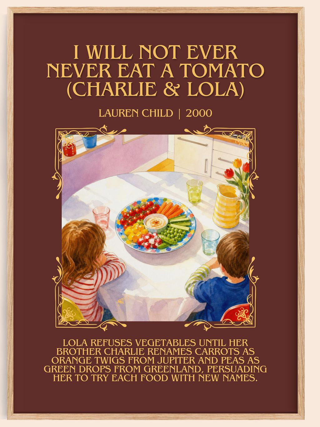 I Will Not Ever Never Eat a Tomato (Charlie & Lola) Minimalist Book Poster by Lauren Child – book poster
